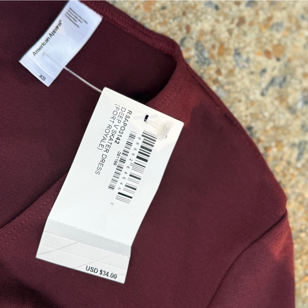 American Apparel Deep V Maroon Long Sleeve Dress - Size XS - NWT - Picture 11 of 16